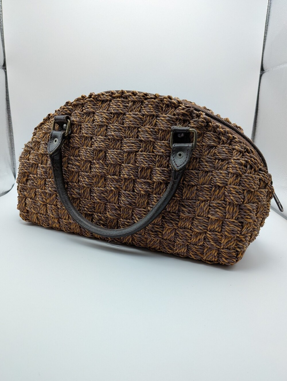 Vintage Handmade Woven Brown Straw Purse with Leather Handles